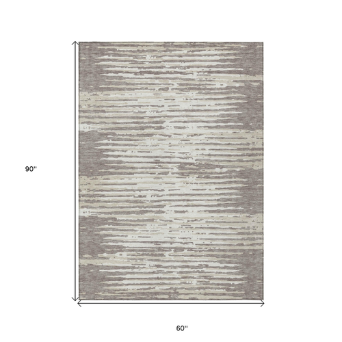 5' X 8' Taupe And Ivory Striped Washable Indoor Outdoor Area Rug