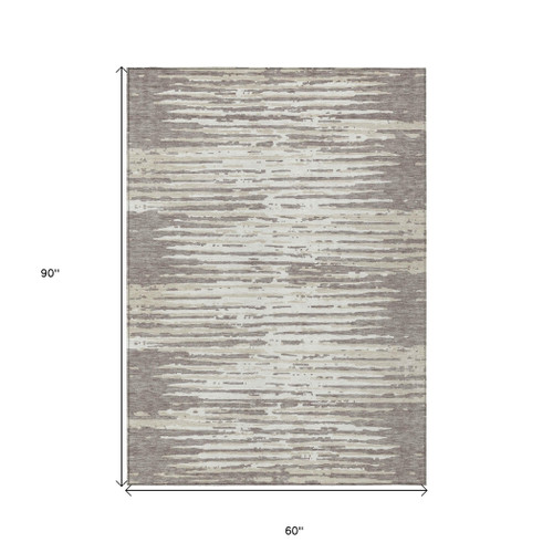 5' X 8' Taupe And Ivory Striped Washable Indoor Outdoor Area Rug