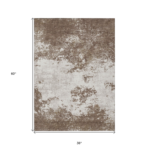 3' X 5' Brown And Beige Abstract Washable Indoor Outdoor Area Rug