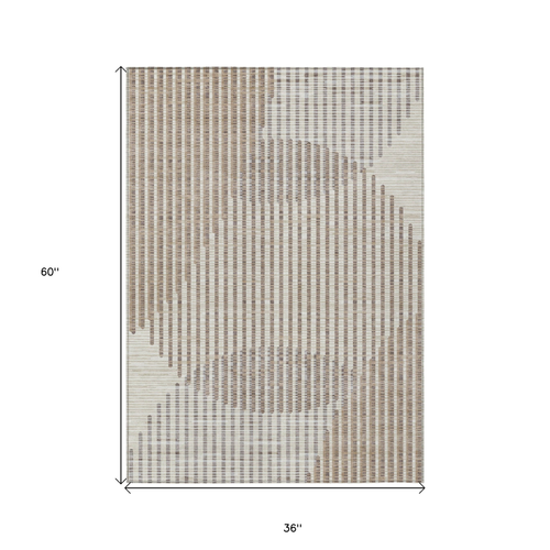 3' X 5' Beige And Ivory Geometric Washable Indoor Outdoor Area Rug
