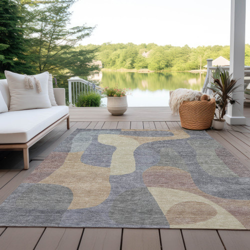 3' X 5' Gray And Gold Abstract Washable Indoor Outdoor Area Rug