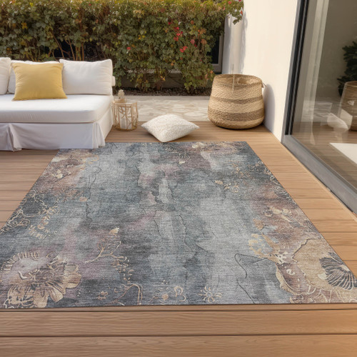 5' X 8' Gray And Beige Floral Washable Indoor Outdoor Area Rug