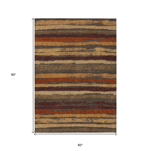 5' X 8' Chocolate Beige And Copper Striped Washable Indoor Outdoor Area Rug