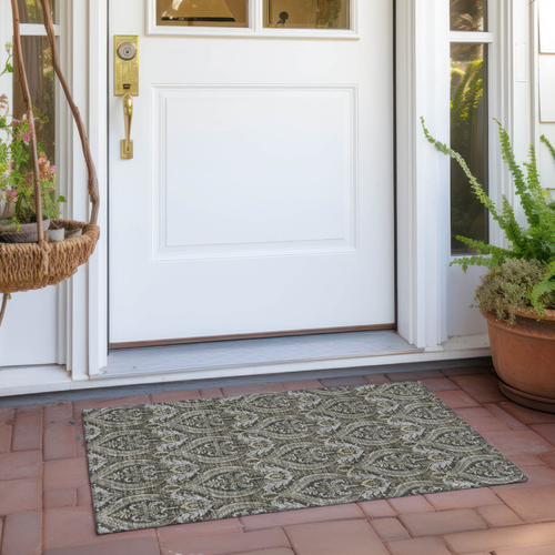 2' X 3' Taupe and Beige Damask Washable Non Skid Indoor Outdoor Area Rug