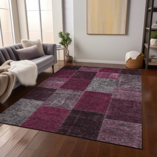 3' X 5' Merlot Burgundy And Gray Patchwork Washable Indoor Outdoor Area Rug