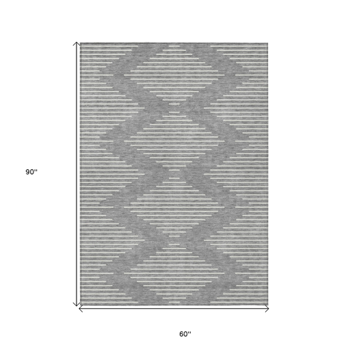 5' X 8' Gray And Ivory Geometric Washable Indoor Outdoor Area Rug