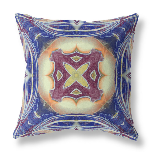 26" X 26" Blue And Cream Blown Seam Geometric Indoor Outdoor Throw Pillow