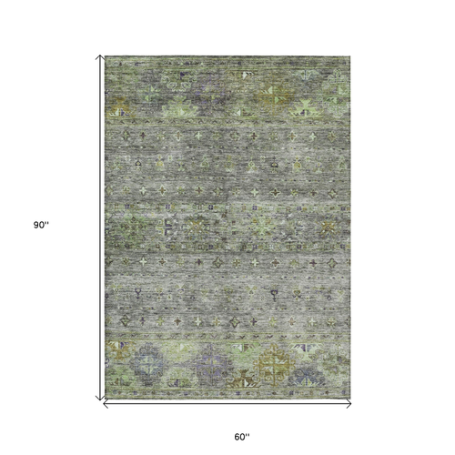 5' X 8' Sage And Gray Floral Washable Indoor Outdoor Area Rug
