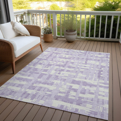 5' X 8' Lavender Lilac And Ivory Striped Washable Indoor Outdoor Area Rug