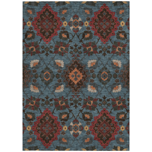 5' X 8' Denim Blue Brick Red And Brown Oriental Washable Indoor Outdoor Area Rug