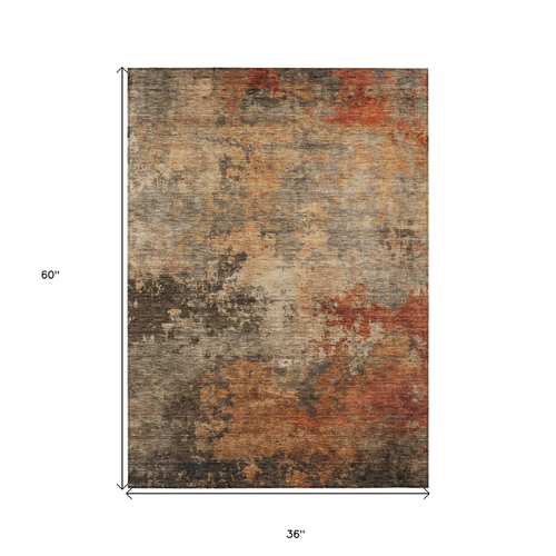 3' X 5' Khaki Brown And Copper Abstract Washable Indoor Outdoor Area Rug