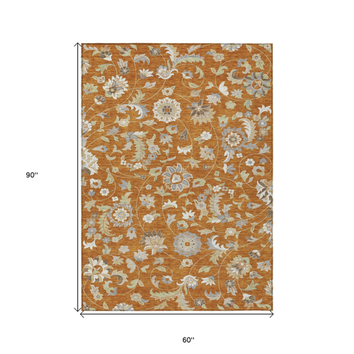 5' X 8' Copper Green And Gray Floral Washable Indoor Outdoor Area Rug