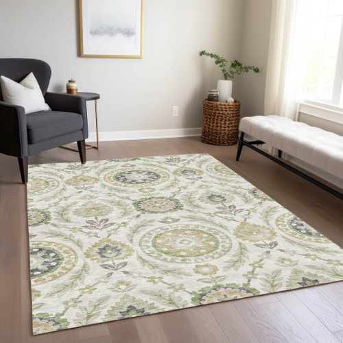 5' X 8' Ivory Beige And Taupe Floral Washable Indoor Outdoor Area Rug