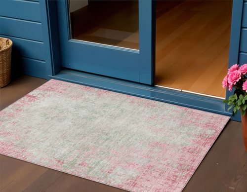 3' X 5' Pink And Ivory Abstract Washable Indoor Outdoor Area Rug