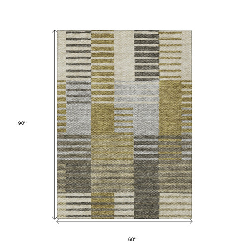5' X 8' Brown Gold And Taupe Striped Washable Indoor Outdoor Area Rug