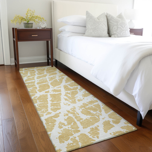8' Runner Gold and White Abstract Washable Non Skid Indoor Outdoor Runner Rug
