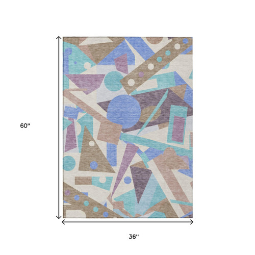 3' X 5' Brown Teal Blue And Ivory Geometric Washable Indoor Outdoor Area Rug