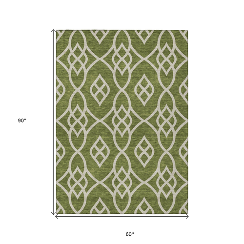 5' X 8' Olive Green And Ivory Trellis Washable Indoor Outdoor Area Rug