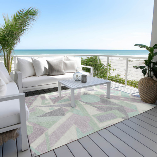 5' X 8' Lilac Lavender Mint Green And Ivory Geometric Washable Indoor Outdoor Area Rug