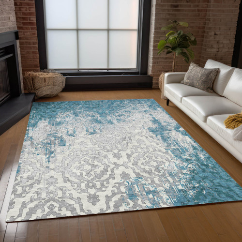 3' X 5' Teal Blue Gray And Ivory Medallion Washable Indoor Outdoor Area Rug