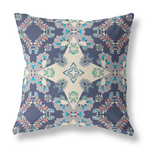 20" X 20" Blue And Off White Floral Blown Seam Suede Throw Pillow