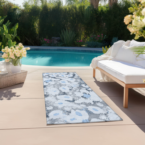 8' Runner Denim Blue Floral Washable Non Skid Indoor Outdoor Runner Rug
