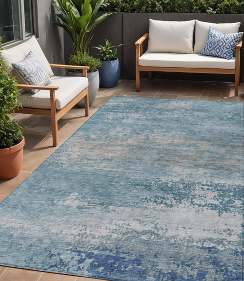 5' X 8' Sky Blue And Gray Abstract Washable Indoor Outdoor Area Rug - Sky Blue, Gray