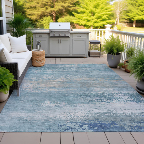 5' X 8' Sky Blue And Gray Abstract Washable Indoor Outdoor Area Rug
