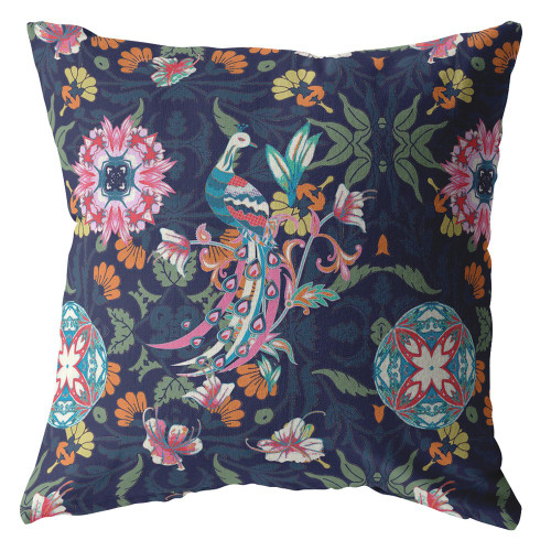 20" Navy Pink Peacock Suede Throw Pillow
