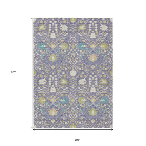 5' X 8' Lavender Blue And Green Oriental Washable Indoor Outdoor Area Rug