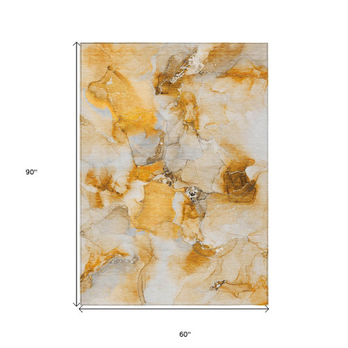 5' X 8' Orange and Ivory Abstract Washable Indoor Outdoor Area Rug