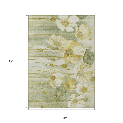 3' X 5' Sage Fern Green And Ivory Floral Washable Indoor Outdoor Area Rug