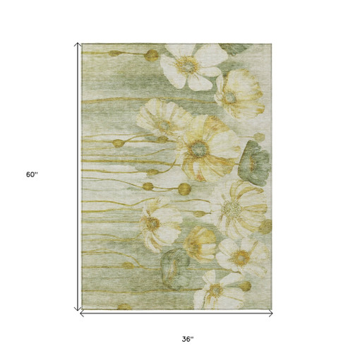 3' X 5' Sage Fern Green And Ivory Floral Washable Indoor Outdoor Area Rug