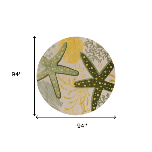 8' Ivory Green And Yellow Round Starfish Indoor Outdoor Area Rug