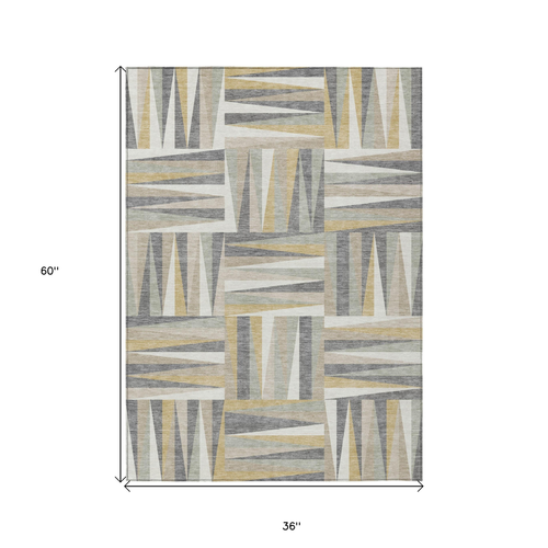 3' X 5' Beige Gray And Ivory Geometric Washable Indoor Outdoor Area Rug