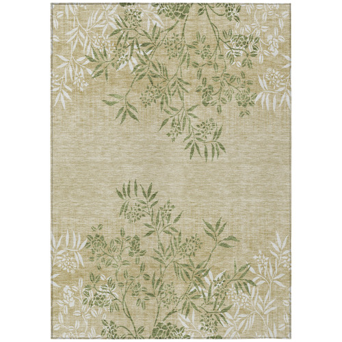 3' X 5' Khaki Ivory And Green Floral Washable Indoor Outdoor Area Rug