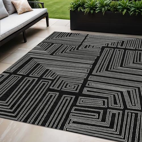 5' X 8' Black And Ivory Geometric Washable Indoor Outdoor Area Rug
