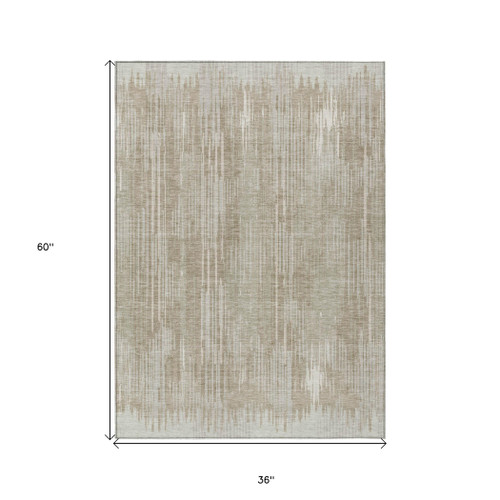 3' X 5' Beige And Ivory Striped Washable Indoor Outdoor Area Rug
