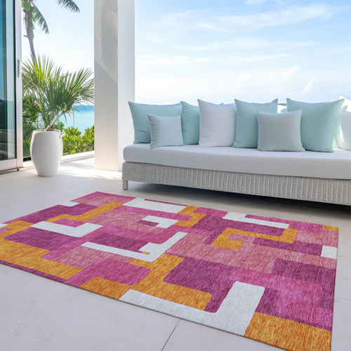 3' X 5' Pink Ivory And Orange Geometric Washable Indoor Outdoor Area Rug