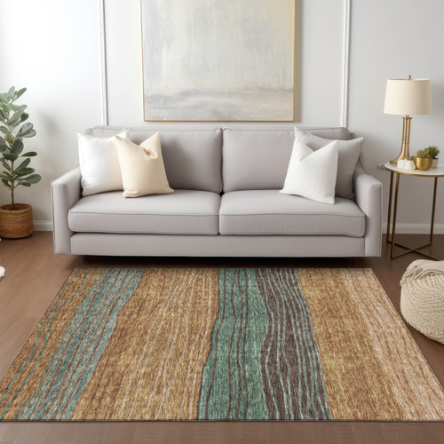 5' X 8' Terra Cotta Copper And Beige Striped Washable Indoor Outdoor Area Rug