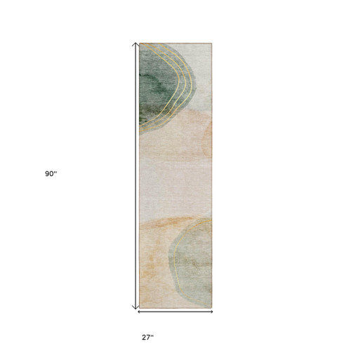 8' Runner Beige and Green Abstract Washable Non Skid Indoor Outdoor Runner Rug