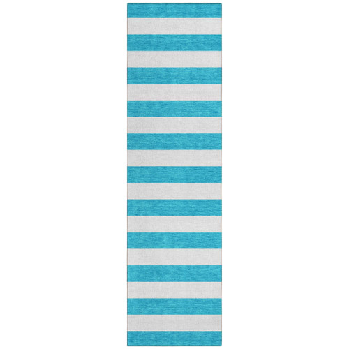 2' X 8' Teal and White Striped Washable Indoor Outdoor Runner Rug