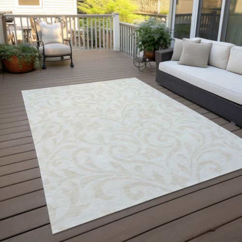 3' X 5' Ivory And Beige Floral Washable Indoor Outdoor Area Rug