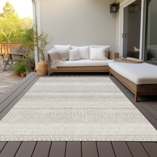 5' X 8' Ivory Striped Washable Indoor Outdoor Area Rug