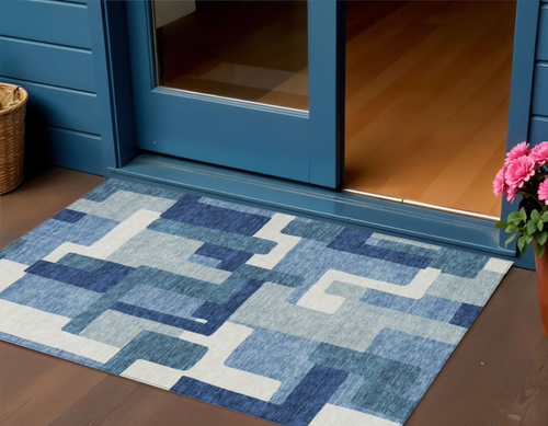 3' X 5' Navy Blue And Sky Blue Abstract Washable Indoor Outdoor Area Rug