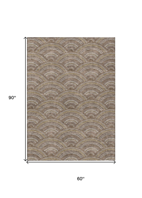 5' X 8' Brown Beige And Taupe Geometric Washable Indoor Outdoor Area Rug