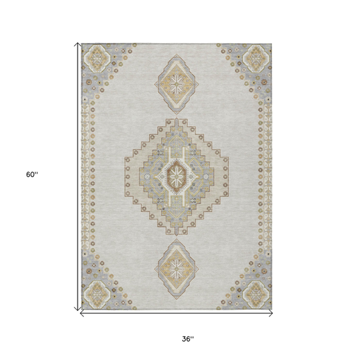 3' X 5' Ivory Gray And Brown Oriental Washable Indoor Outdoor Area Rug