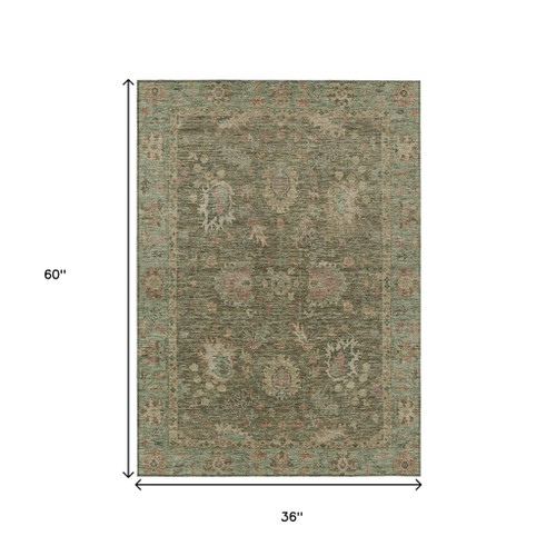 3' X 5' Olive Green And Rust Floral Washable Indoor Outdoor Area Rug