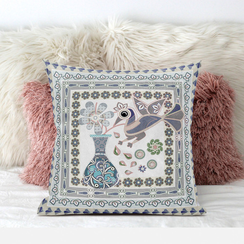 16" x 16" Gray Peacock Blown Seam Floral Indoor Outdoor Throw Pillow Decor
