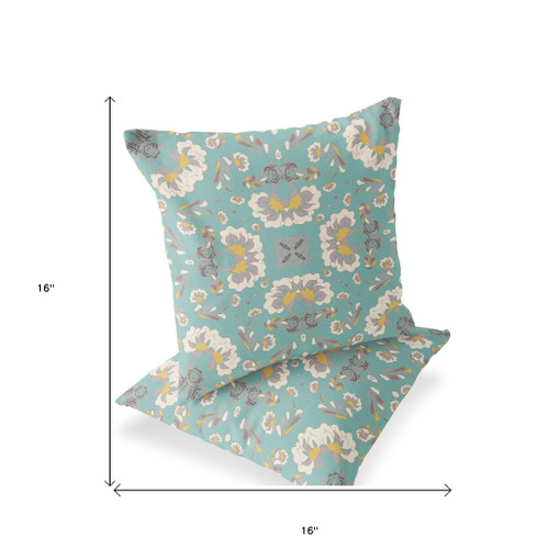 Set of Two 16" X 16" Green and White Blown Seam Floral Indoor Outdoor Throw Pillow Polyester Premium Quality